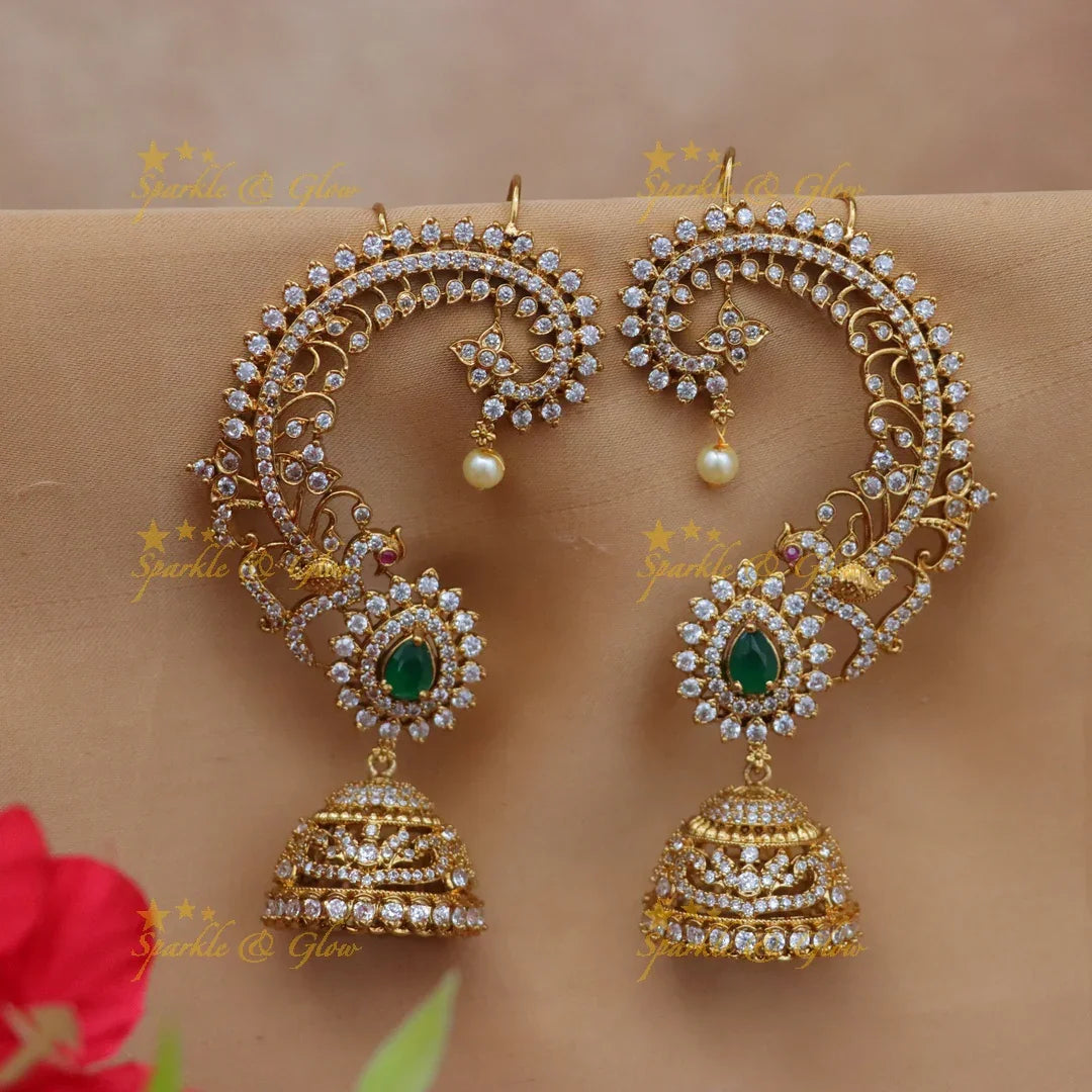 Grand GJ Polish AD Floral Ear Cuff Jhumka Earrings