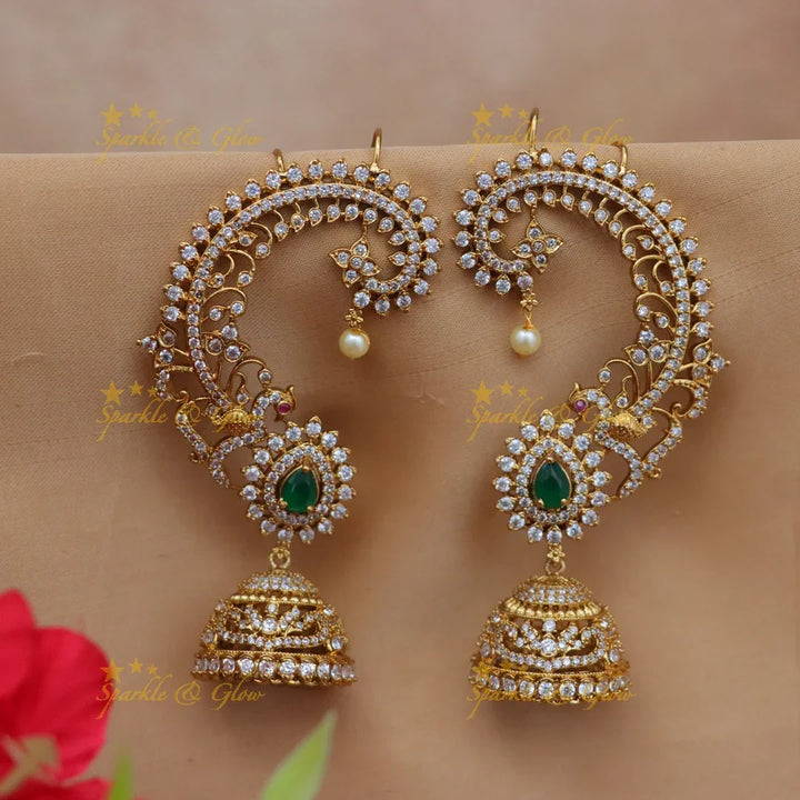 Grand GJ Polish AD Floral Ear Cuff Jhumka Earrings