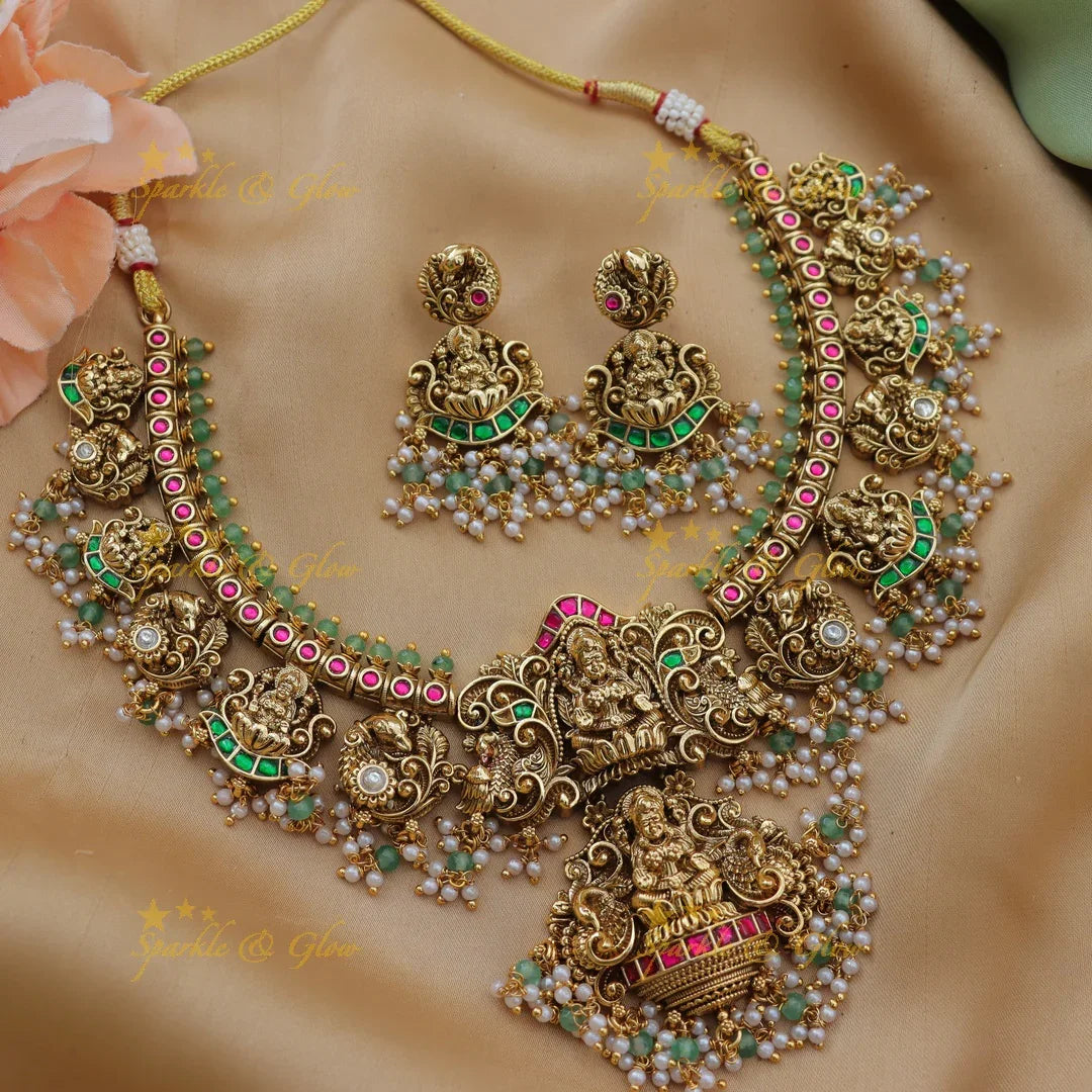 Back thread Grand Lakshmi Peacock Jadau Guttapusalu Short Necklace