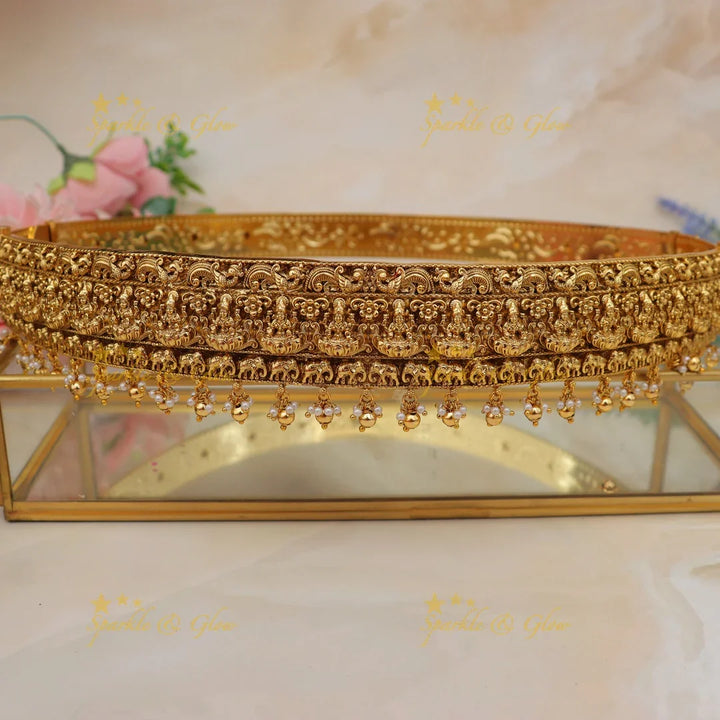 Antique Temple Hip Belt with Lakshmi Motifs & Pearl/Bead Drops
