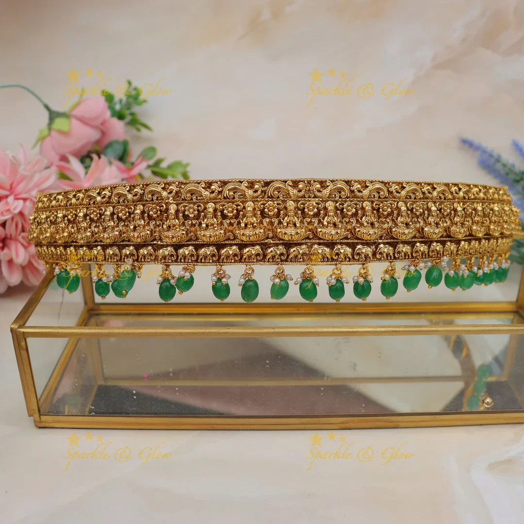 Antique Temple Hip Belt with Lakshmi Motifs & Pearl/Bead Drops