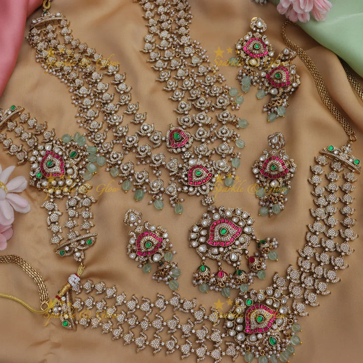 Grand Victorian AD Floral Bridal Set with Layered Necklaces