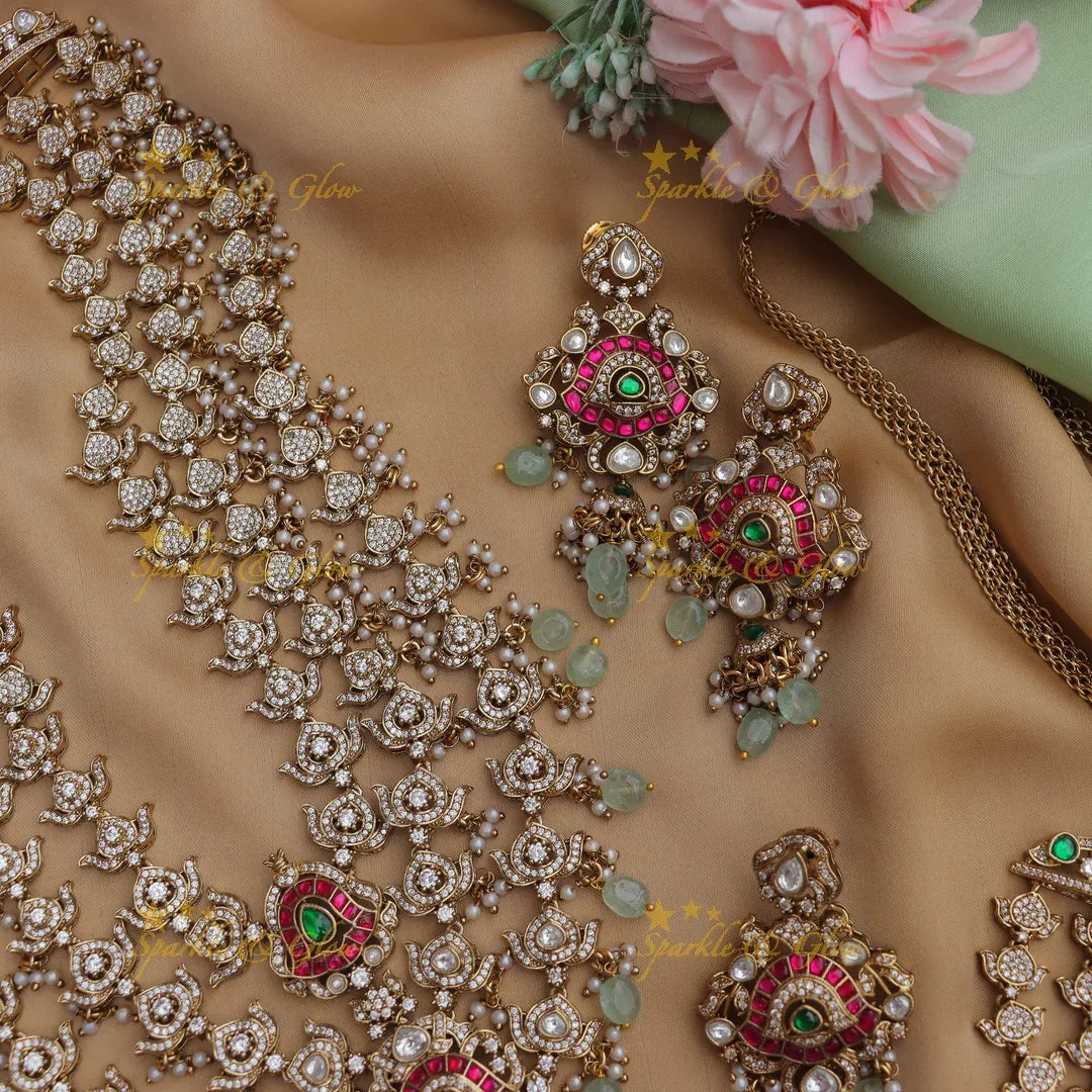 Grand Victorian AD Floral Bridal Set with Layered Necklaces