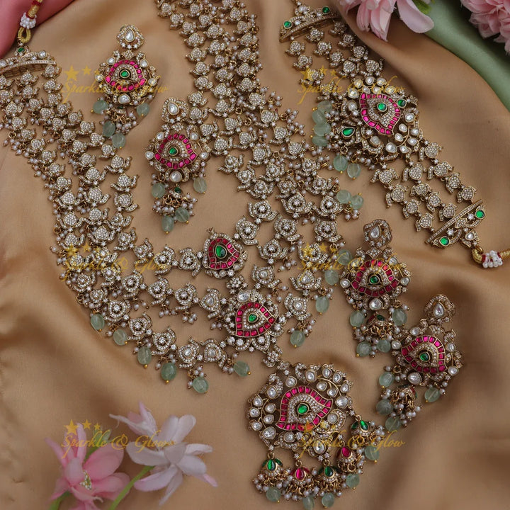 Grand Victorian AD Floral Bridal Set with Layered Necklaces