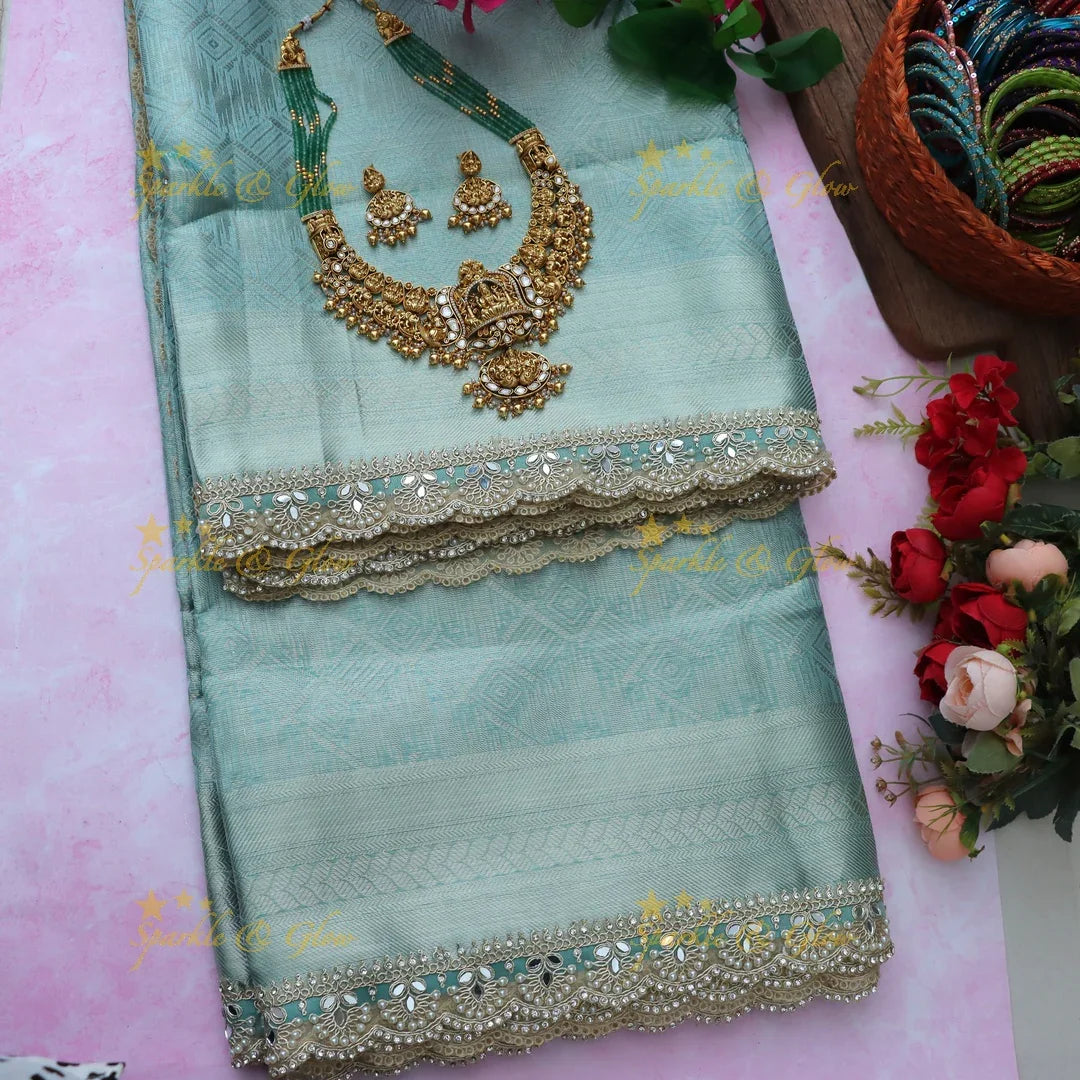 Elegant Banarasi Tissue Saree in Sky Blue with Lace Border