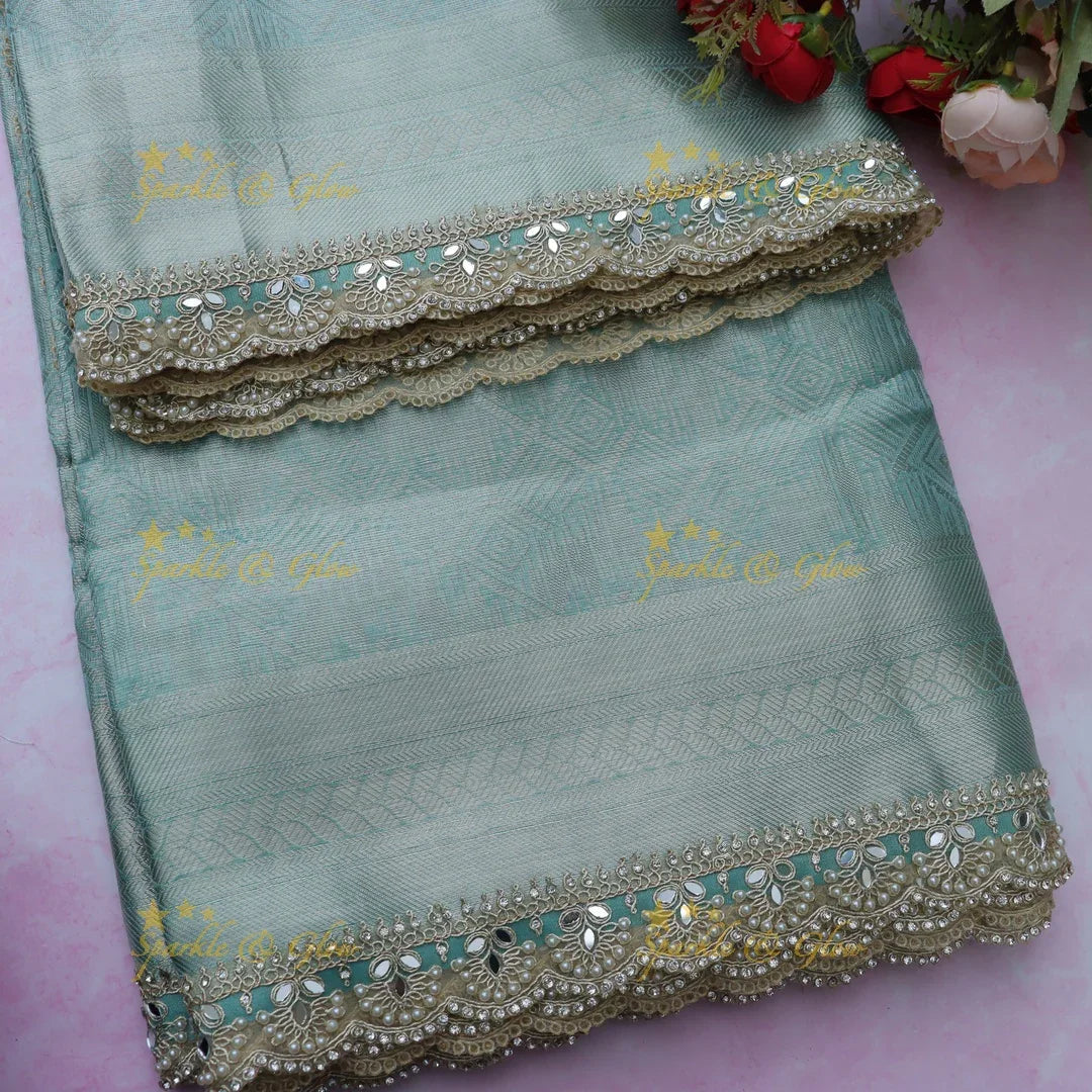 Elegant Banarasi Tissue Saree in Sky Blue with Lace Border
