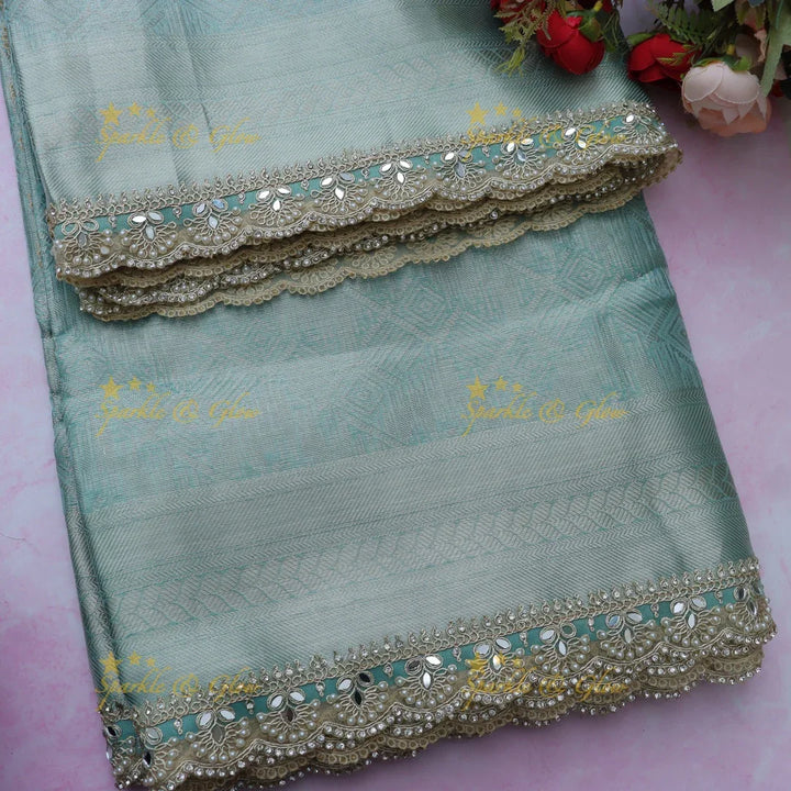Elegant Banarasi Tissue Saree in Sky Blue with Lace Border