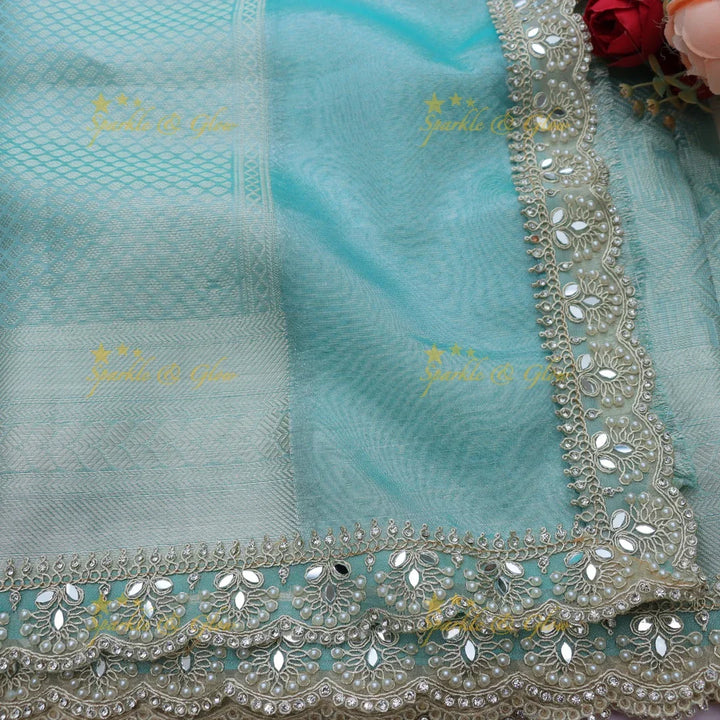 Elegant Banarasi Tissue Saree in Sky Blue with Lace Border