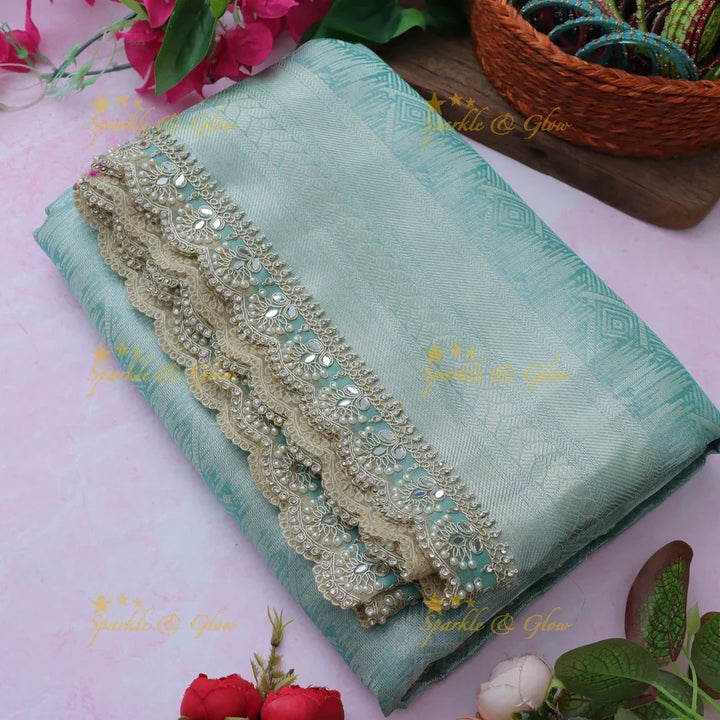 Elegant Banarasi Tissue Saree in Sky Blue with Lace Border