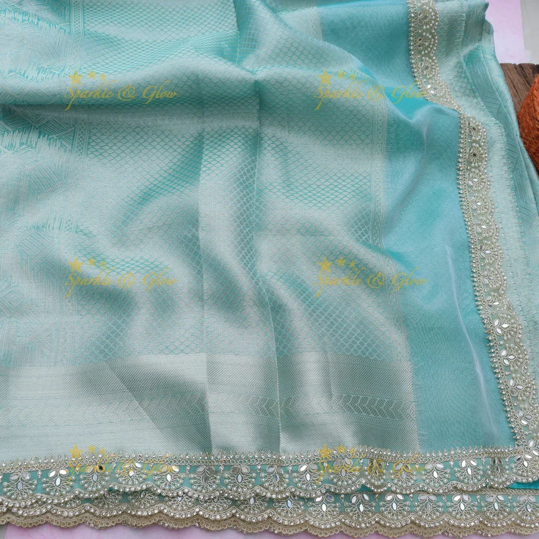 Elegant Banarasi Tissue Saree in Sky Blue with Lace Border