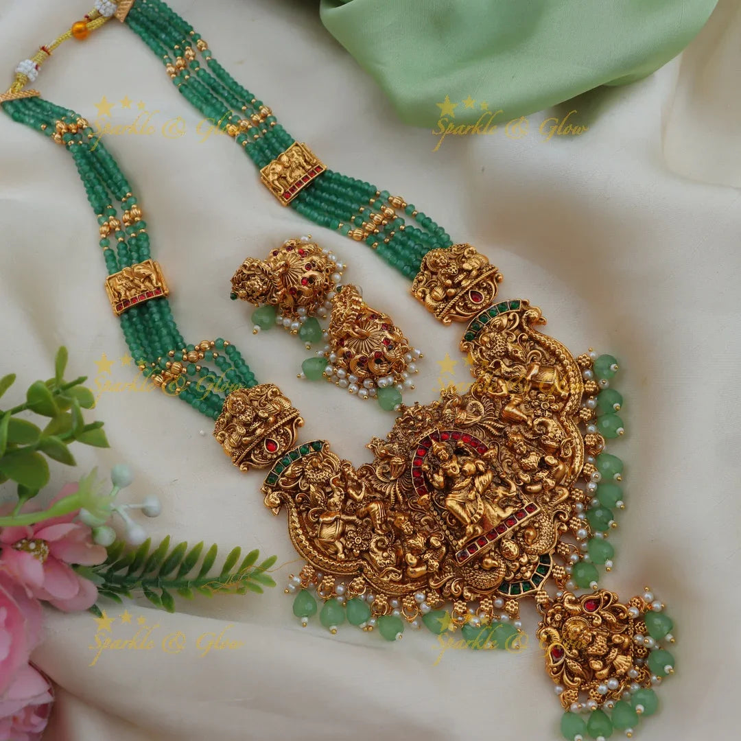 Grand Idol Lakshmi Elephant carved Mintgreen beaded Haram