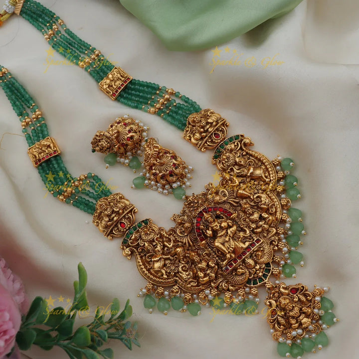 Grand Idol Lakshmi Elephant carved Mintgreen beaded Haram