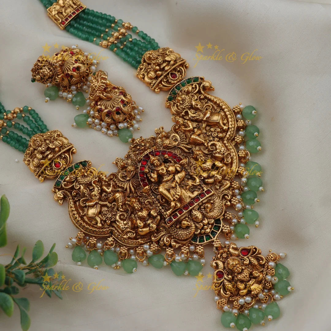 Grand Idol Lakshmi Elephant carved Mintgreen beaded Haram