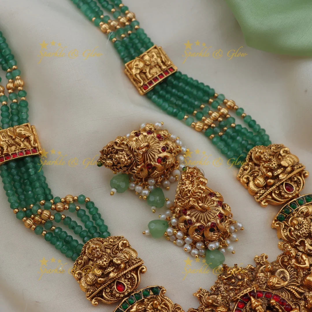 Grand Idol Lakshmi Elephant carved Mintgreen beaded Haram