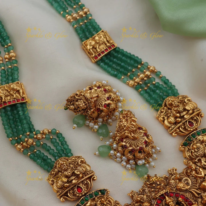 Grand Idol Lakshmi Elephant carved Mintgreen beaded Haram