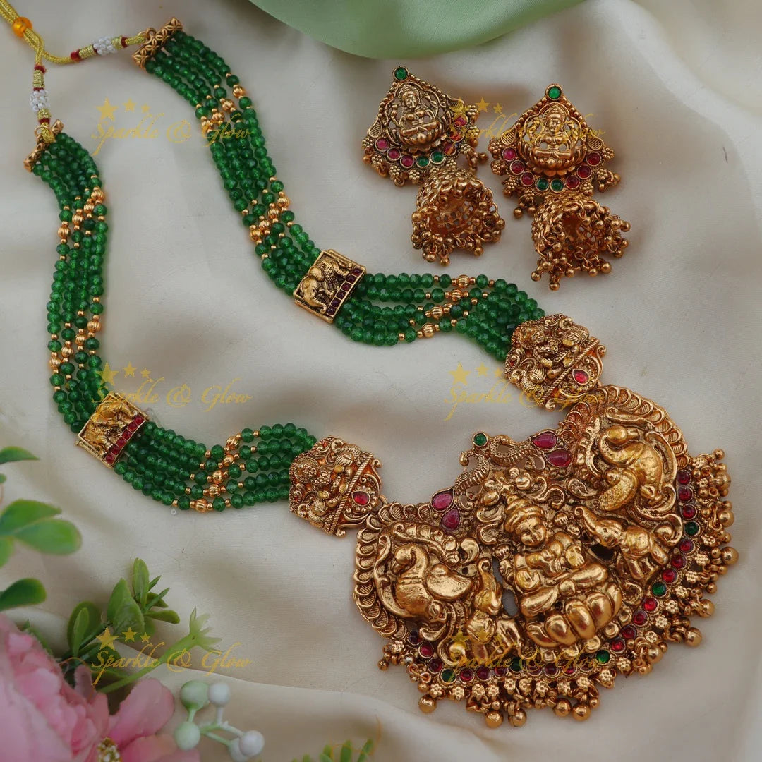 Grand Lakshmi Peacock Green Beaded Temple Haram Set