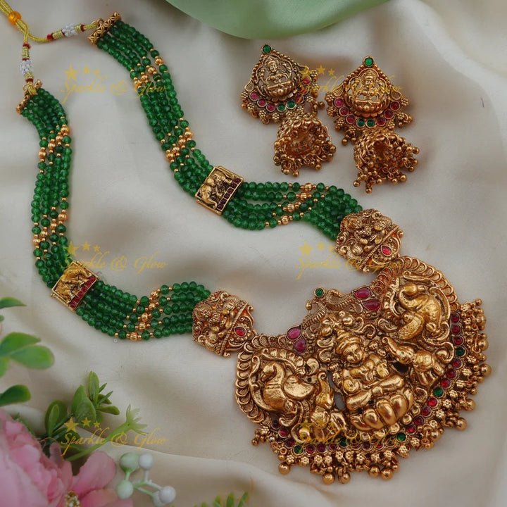 Grand Lakshmi Peacock Green Beaded Temple Haram Set