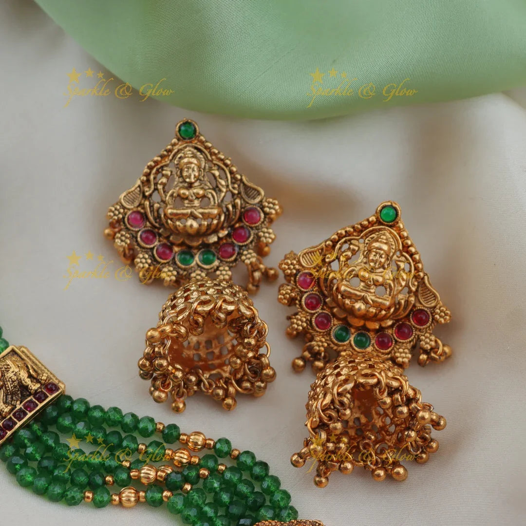 Grand Lakshmi Peacock Green Beaded Temple Haram Set