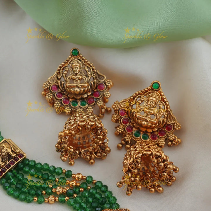 Grand Lakshmi Peacock Green Beaded Temple Haram Set