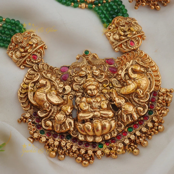 Grand Lakshmi Peacock Green Beaded Temple Haram Set