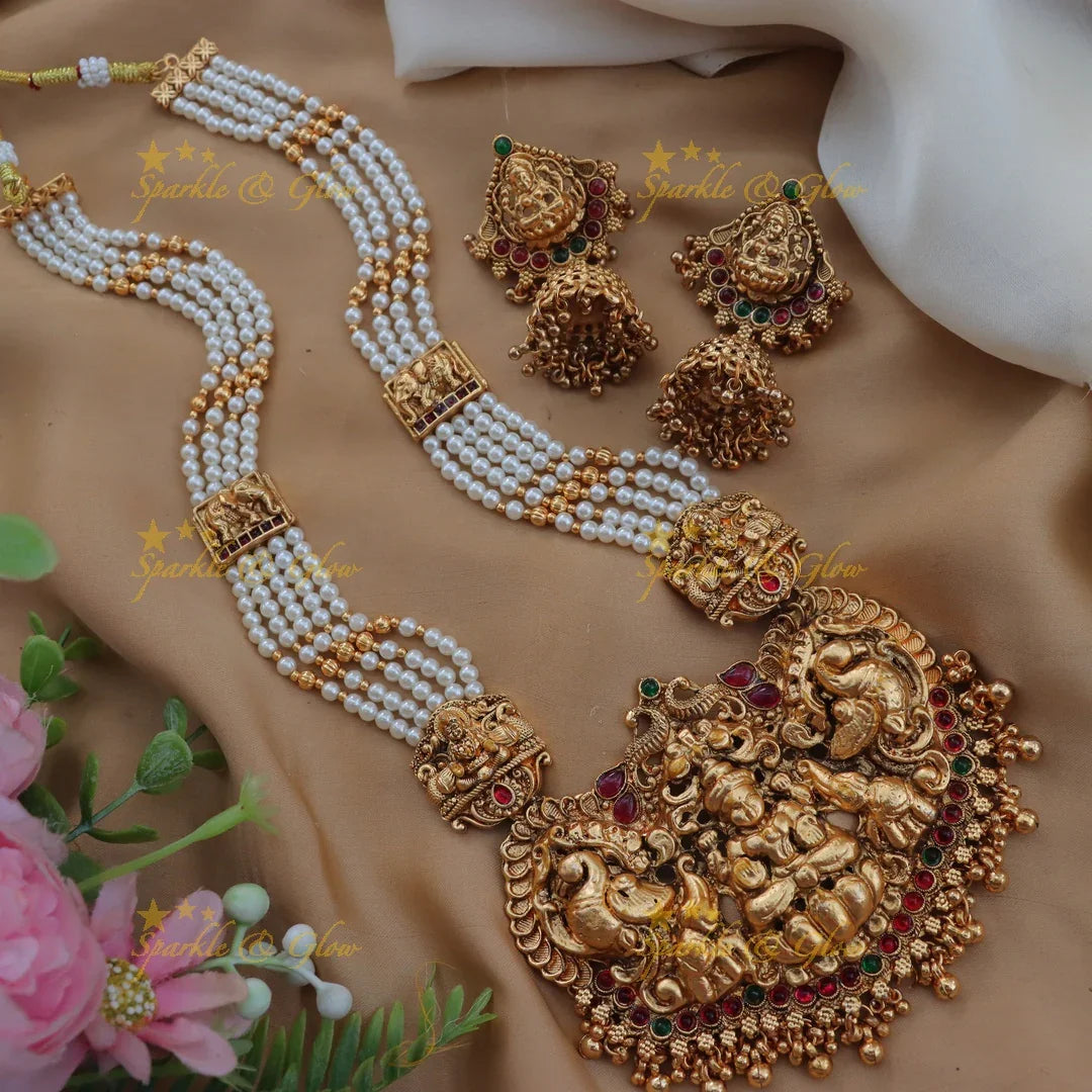 Grand Lakshmi Peacock Green Beaded Temple Haram Set