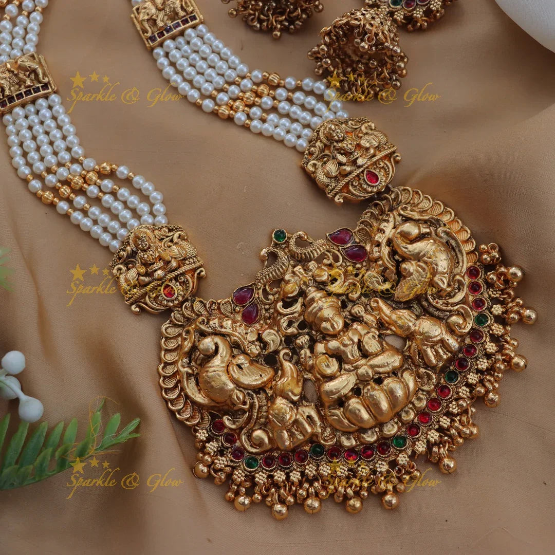 Grand Lakshmi Peacock Green Beaded Temple Haram Set