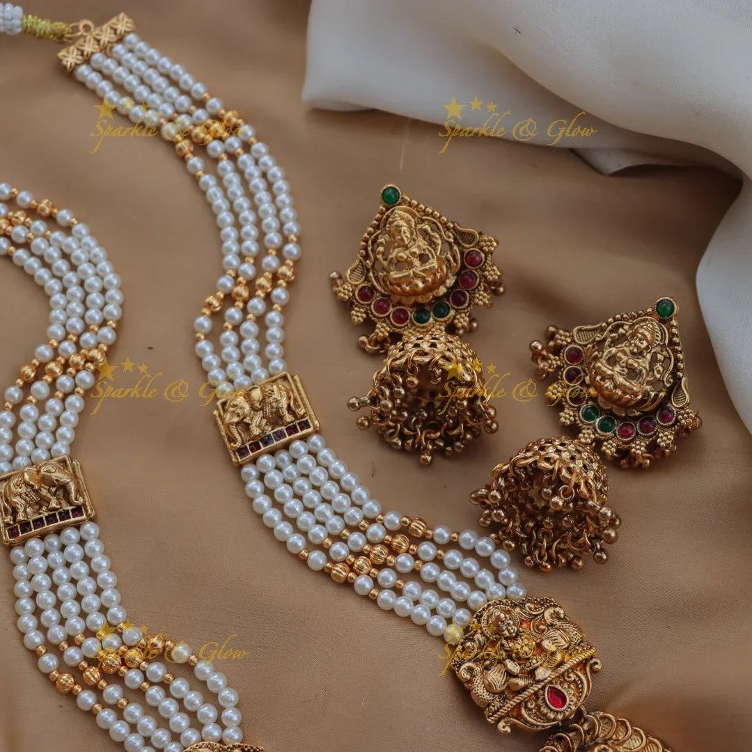Grand Lakshmi Peacock Green Beaded Temple Haram Set