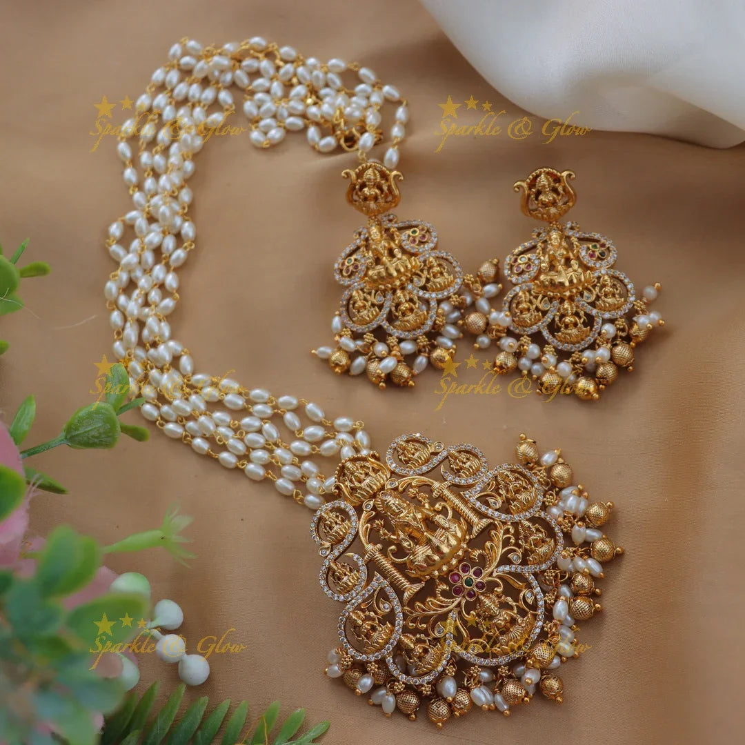 Elegant Lakshmi Rice Pearl Haram with Floral Carvings