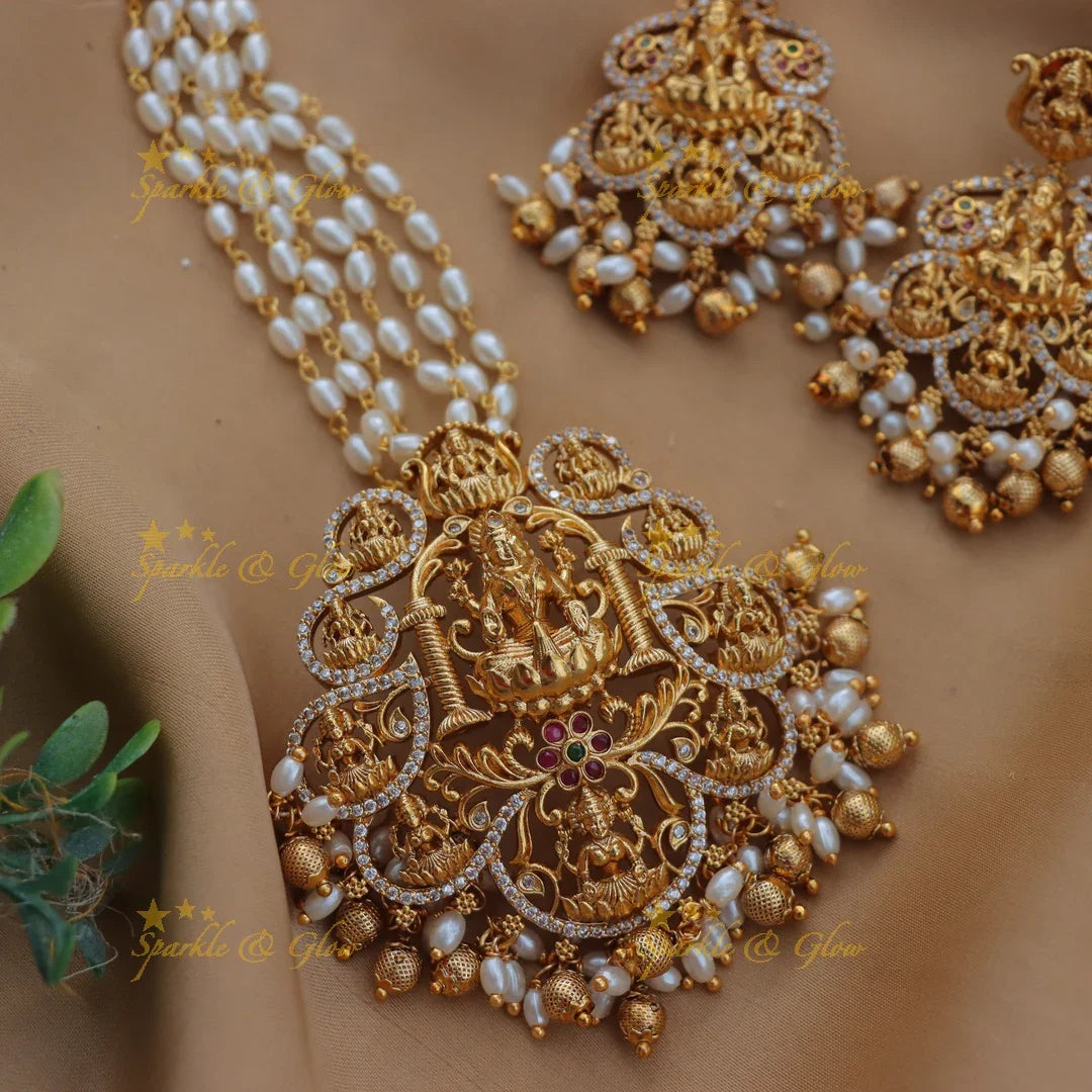 Elegant Lakshmi Rice Pearl Haram with Floral Carvings