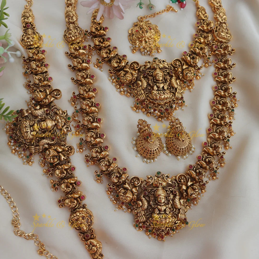 Stunning Budgeted Idol Lakshmi Peacock carved Bridal set