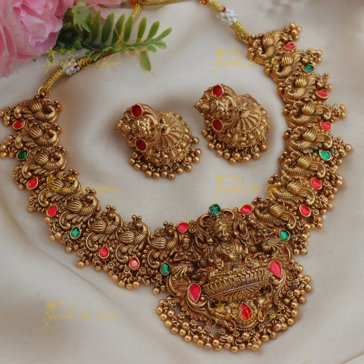 Traditional Lakshmi Peacock Short Necklace with Kemp Stones
