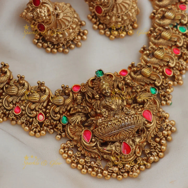 Traditional Lakshmi Peacock Short Necklace with Kemp Stones