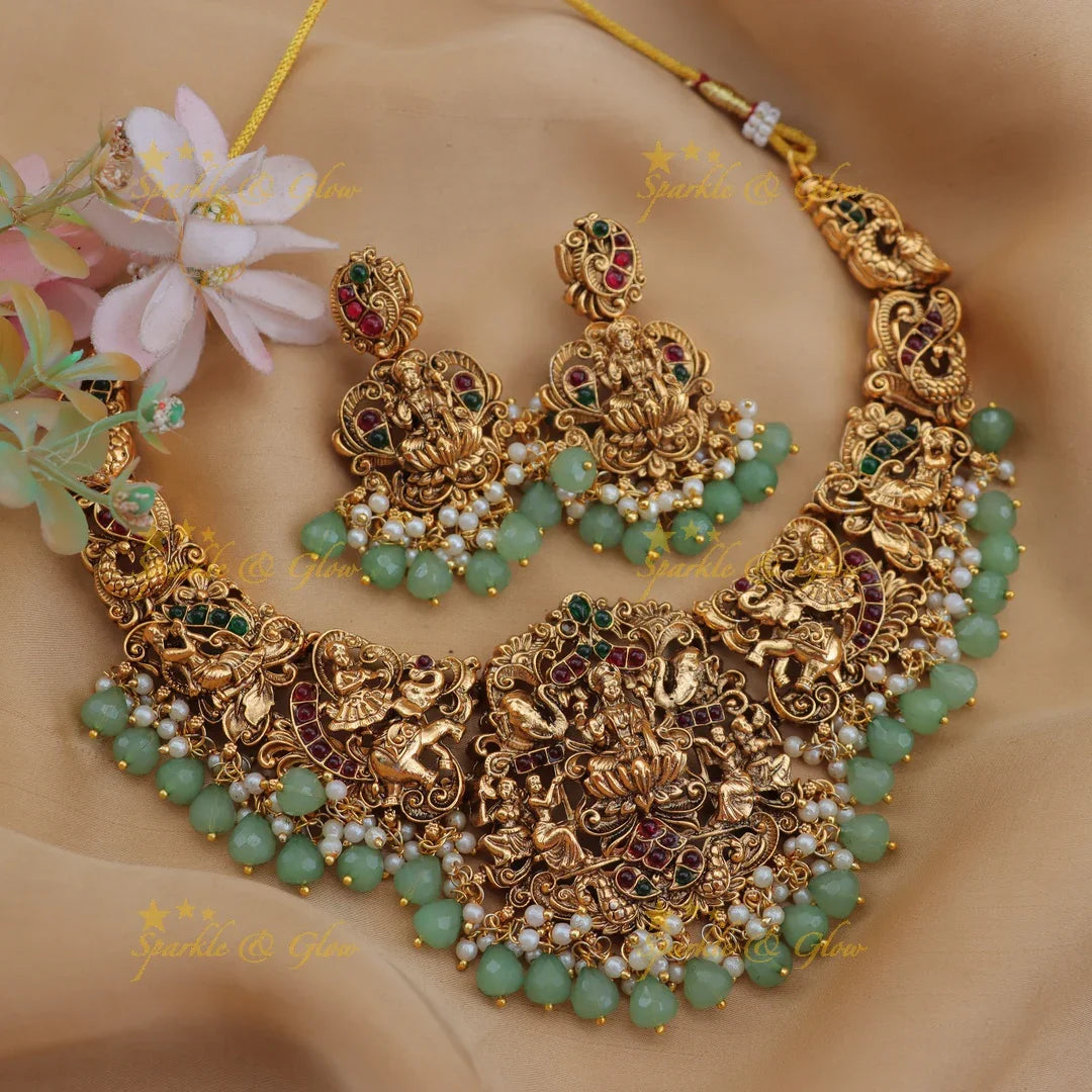 Traditional Lakshmi Elephant Short Necklace with Mintgreen Beads