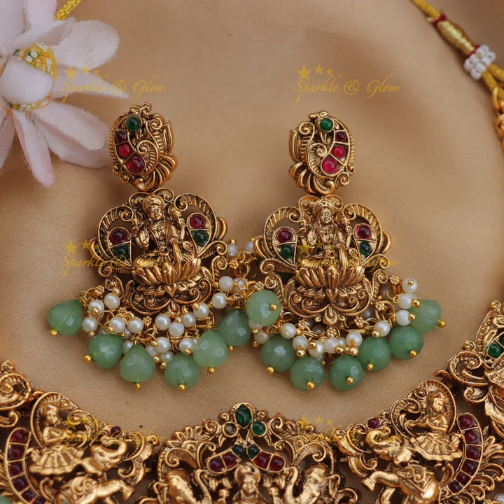 Traditional Lakshmi Elephant Short Necklace with Mintgreen Beads