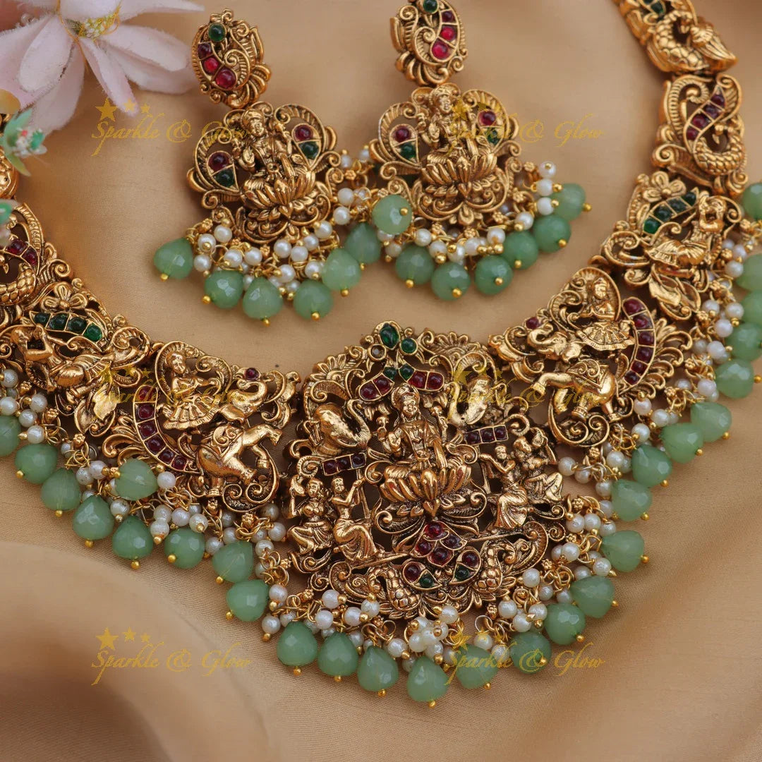 Traditional Lakshmi Elephant Short Necklace with Mintgreen Beads