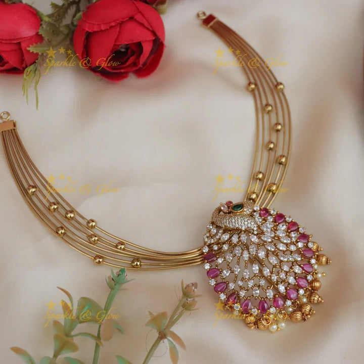 Elegant Peacock Design AD Necklace with Ruby Accents
