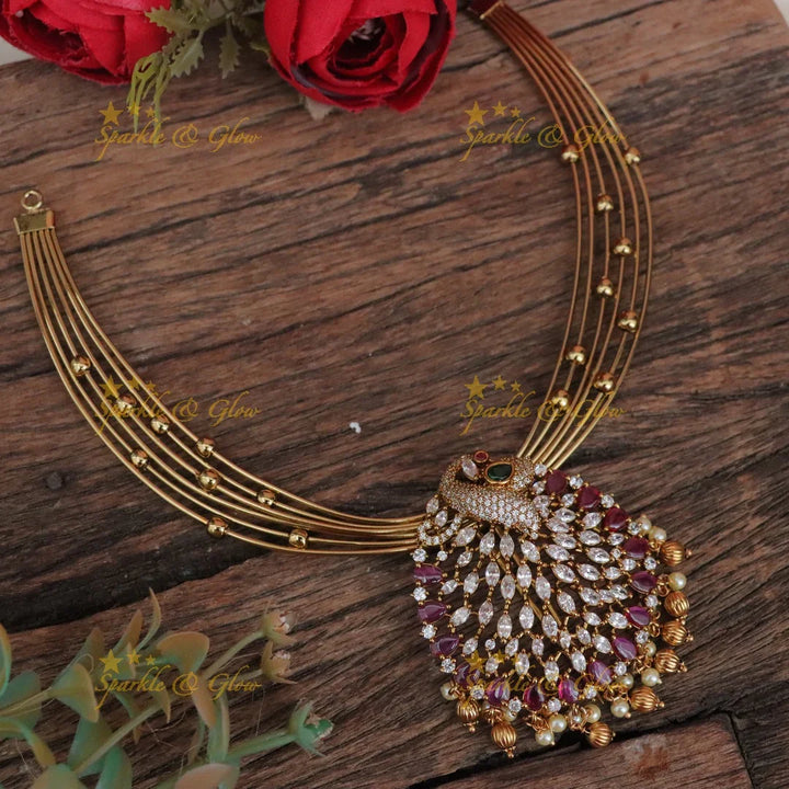 Elegant Peacock Design AD Necklace with Ruby Accents