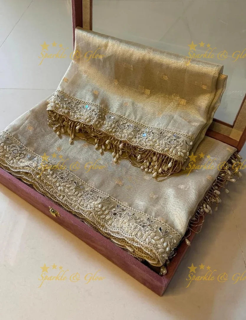 Premium Golden Tissue Silk Saree with Embellished Tassels