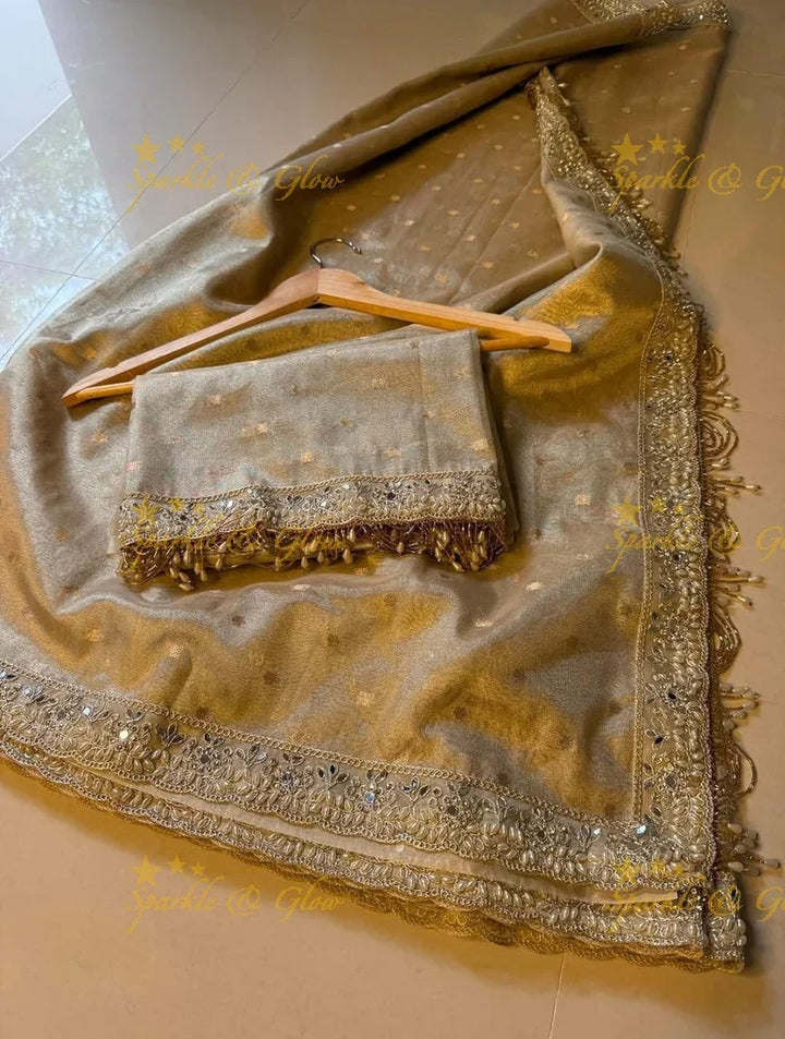 Premium Golden Tissue Silk Saree with Embellished Tassels