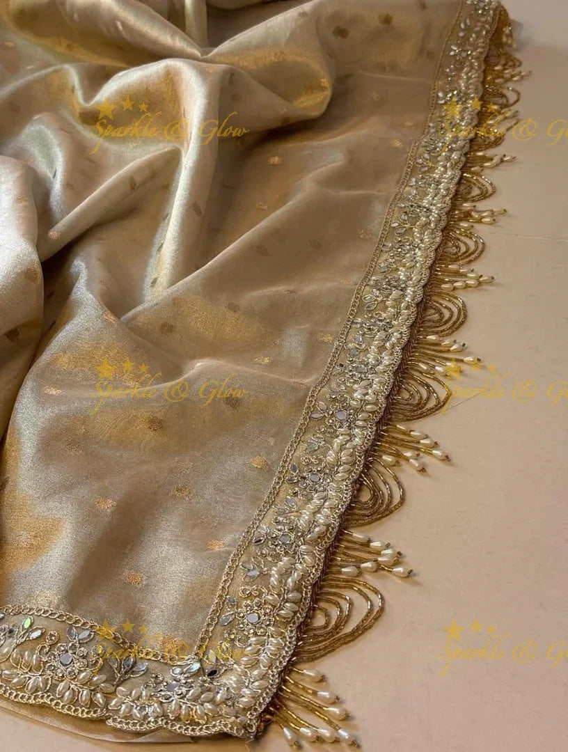 Premium Golden Tissue Silk Saree with Embellished Tassels