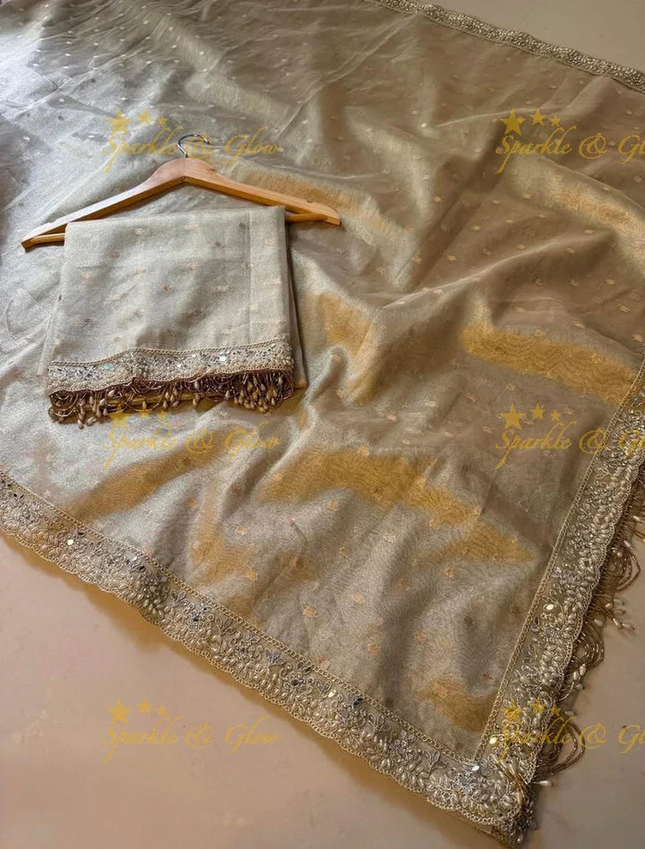 Premium Golden Tissue Silk Saree with Embellished Tassels