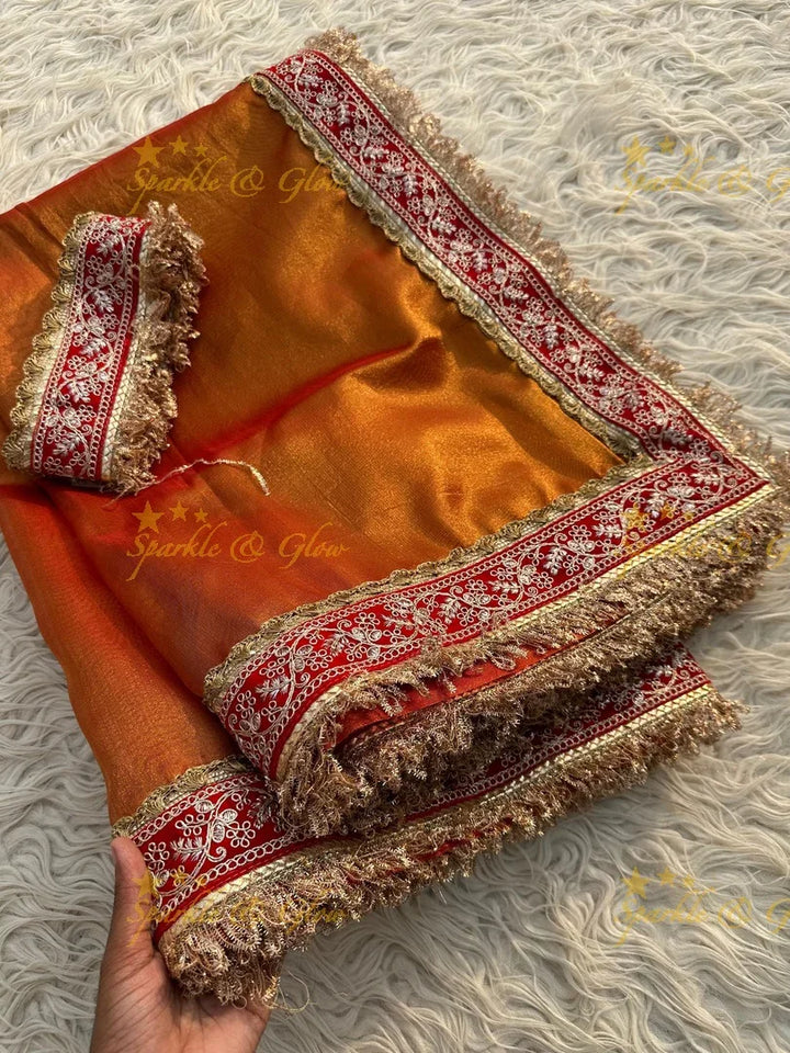 Premium Tissue Maharani Saree with Embroidered Lace Border