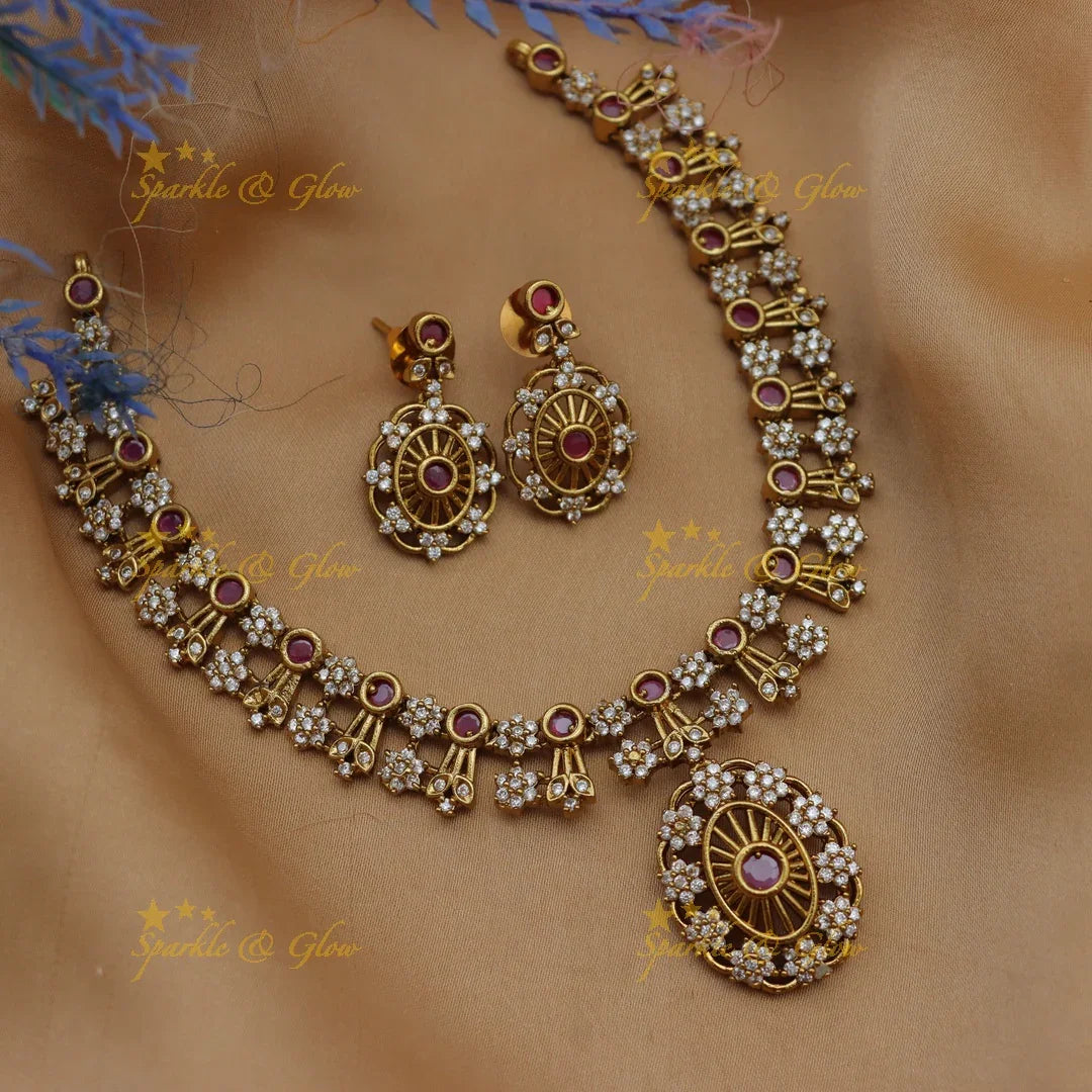 Stunning Floral American Diamond Short Necklace Set