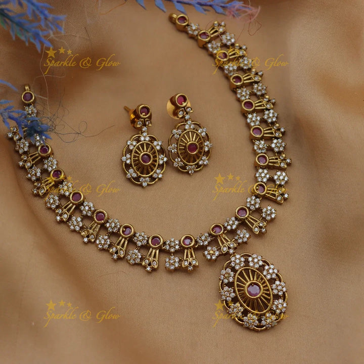 Stunning Floral American Diamond Short Necklace Set