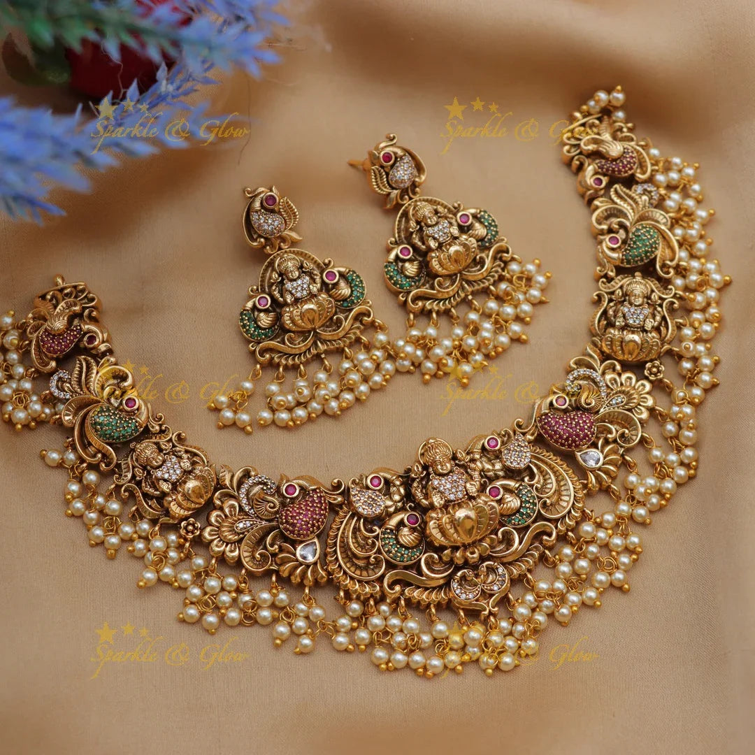 Stunning Lakshmi Peacock Guttapusalu Temple Necklace Set