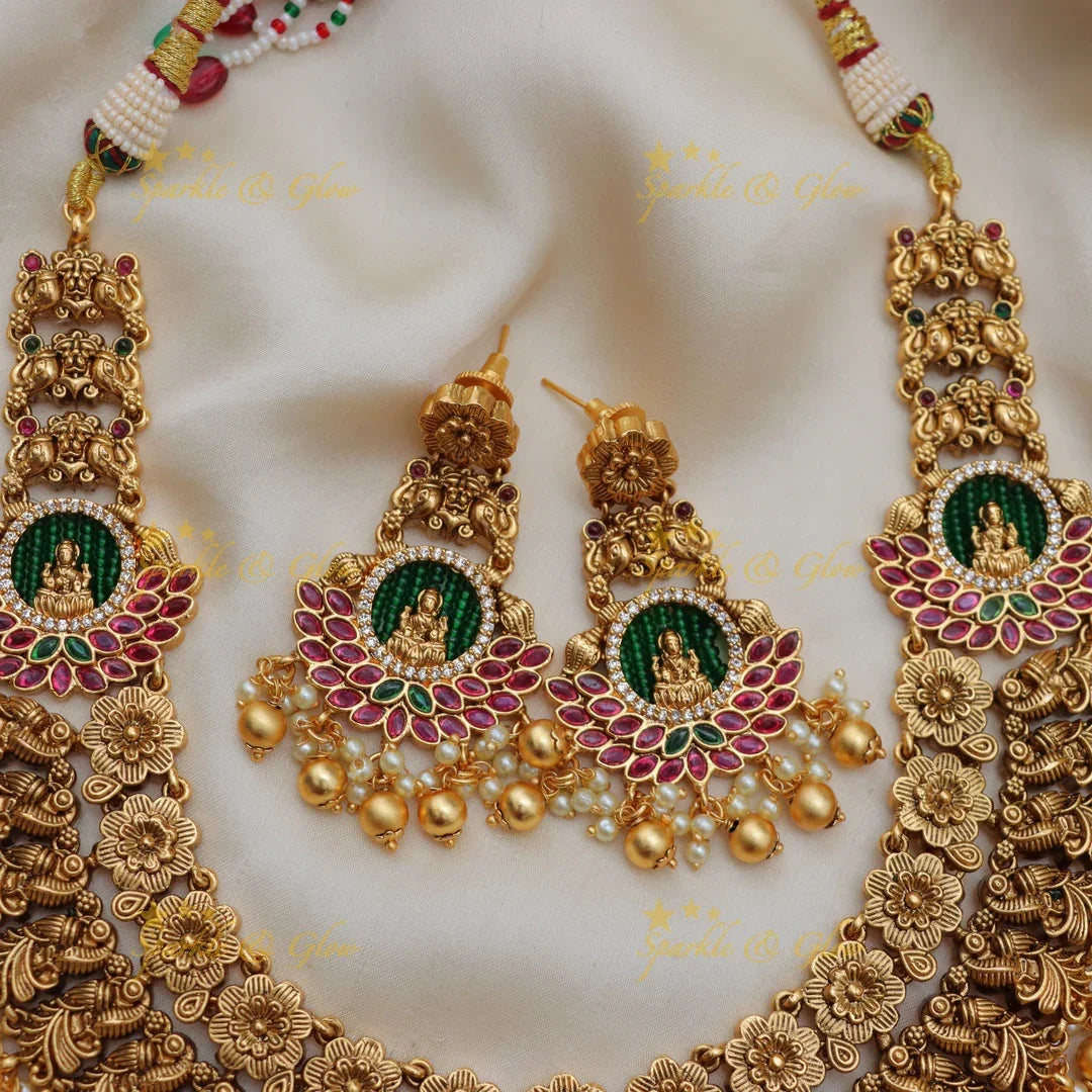 Grand Lakshmi Peacock Floral Bridal Short Necklace Set