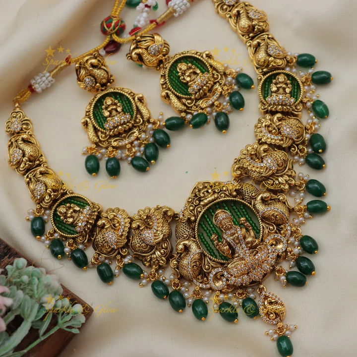 Grand Lakshmi Peacock Short Necklace with Green Beads