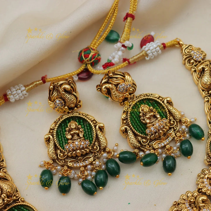 Grand Lakshmi Peacock Short Necklace with Green Beads