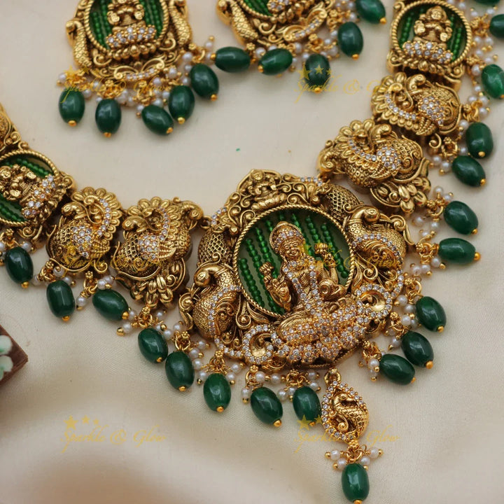 Grand Lakshmi Peacock Short Necklace with Green Beads