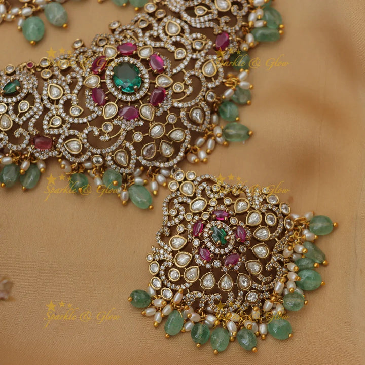 Stunning Victorian AD Green Bead Floral Short Necklace Set